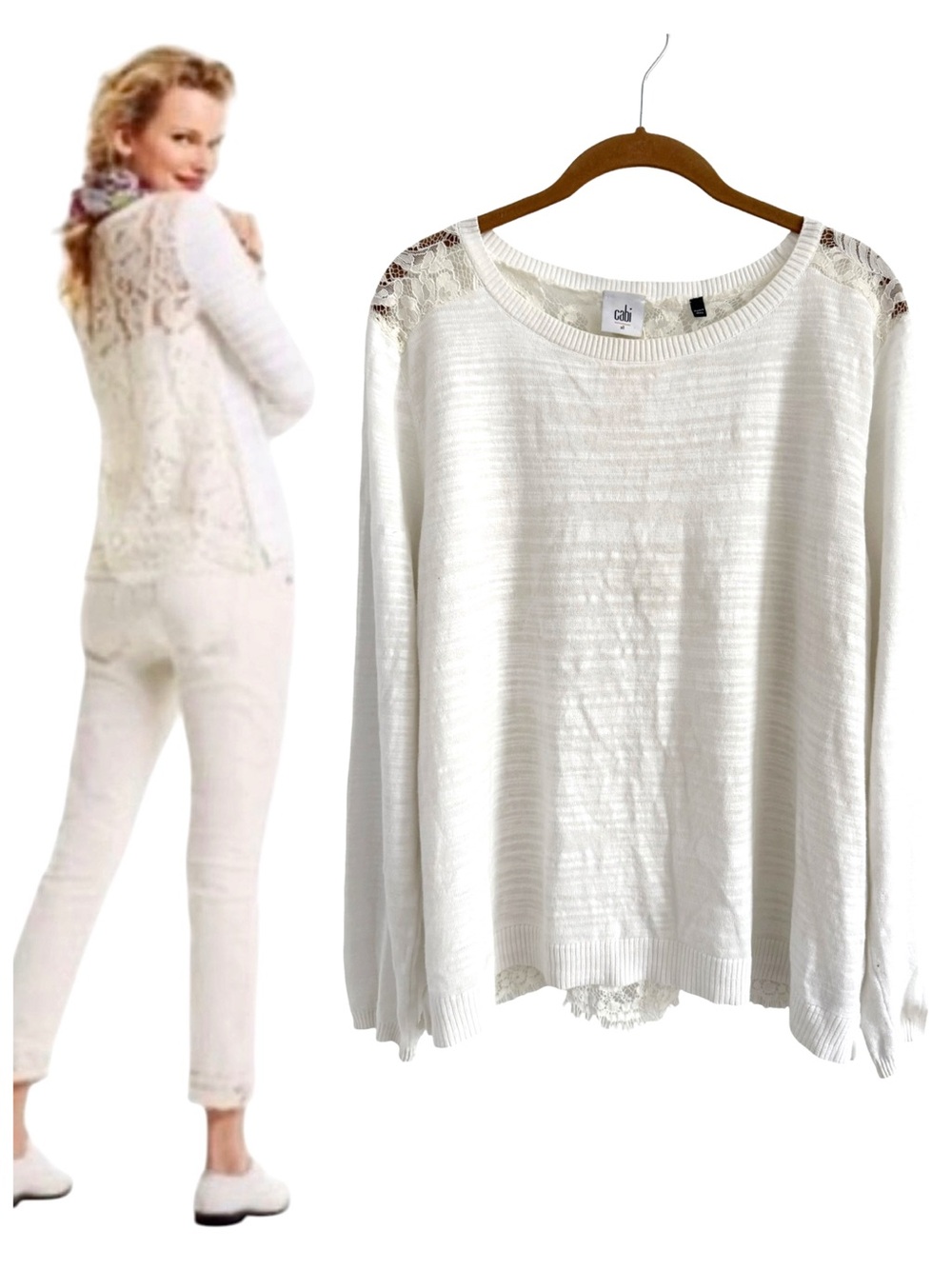 CAbi Lace Back Lightweight Sweater Top Size XL Coastal Boho Casual White Cream